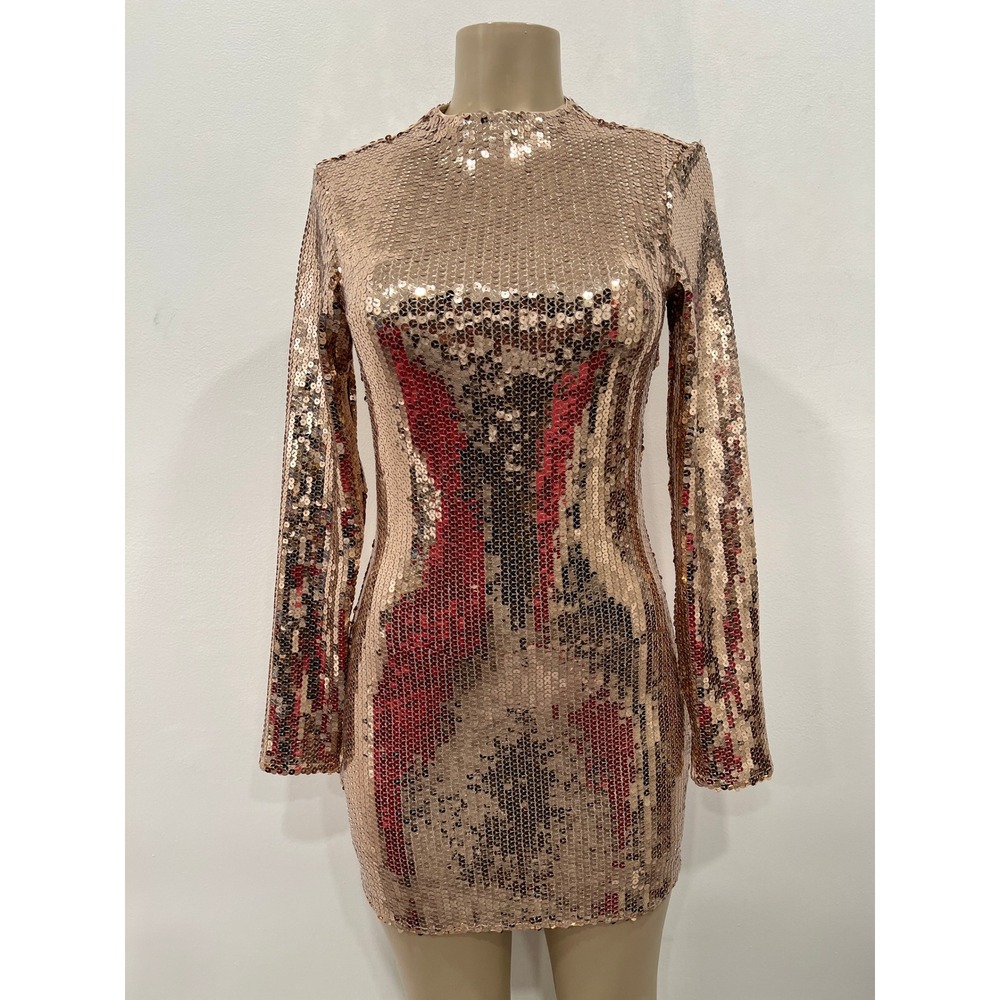 Abercrombie & Fitch Paloma Sequin Dress Long Sleeve Mini Womens XS Rose Gold